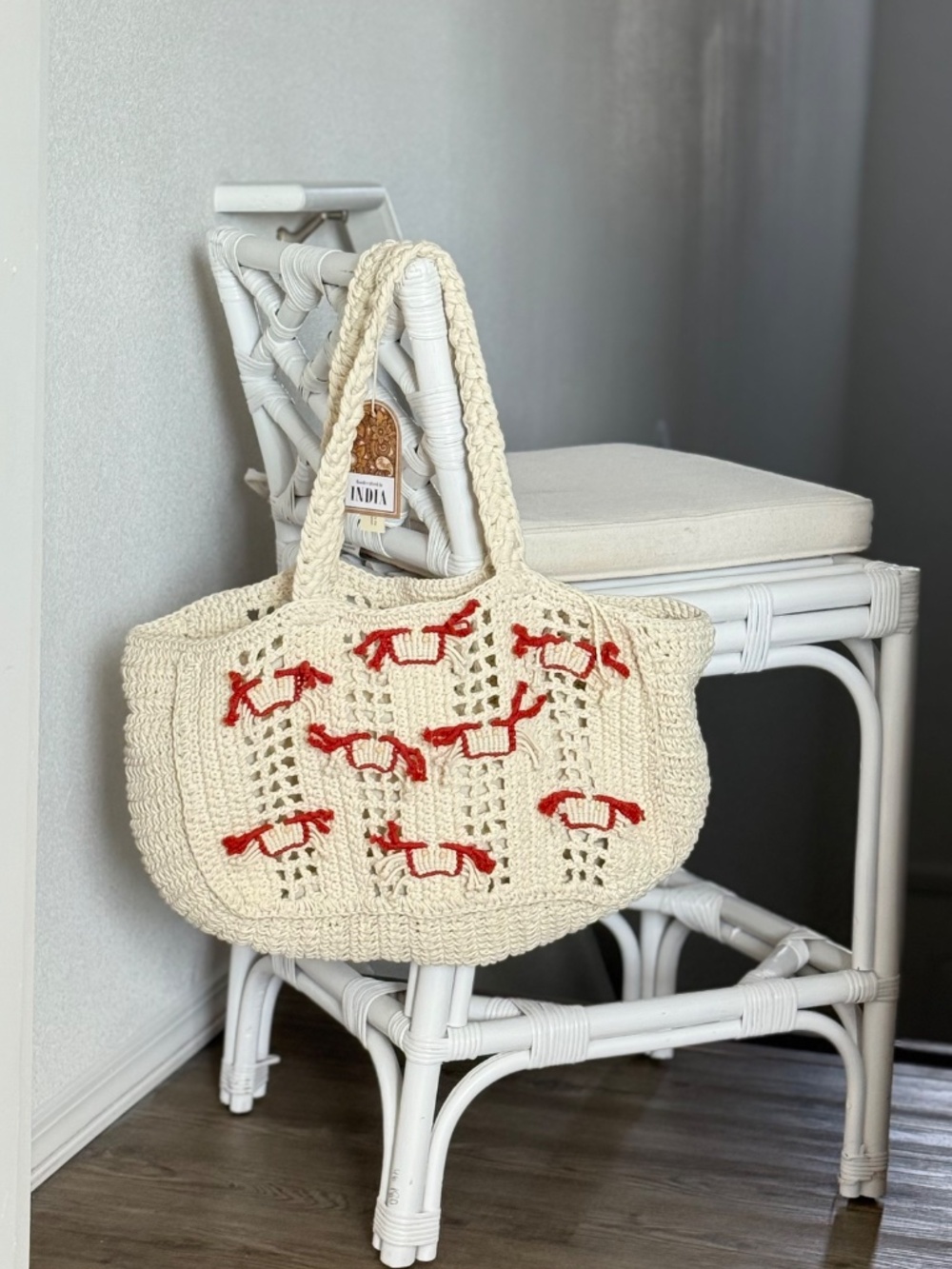 Handmade Crochet Cotton Beach Bag Crab Satchel Jumbo Tote Nautical Red White NWT - Picture 11 of 13